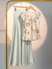 INAWLY 2件套女士随机印花无袖荷叶边领衬衫+裙子