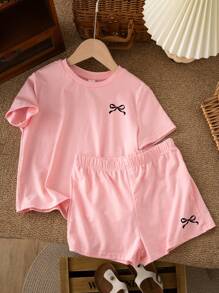 Emery Rose Kids Emery Rose Kids 2 件 Tween 女童休闲简约蝴蝶结装饰短袖上衣和短裤套装，夏季服装