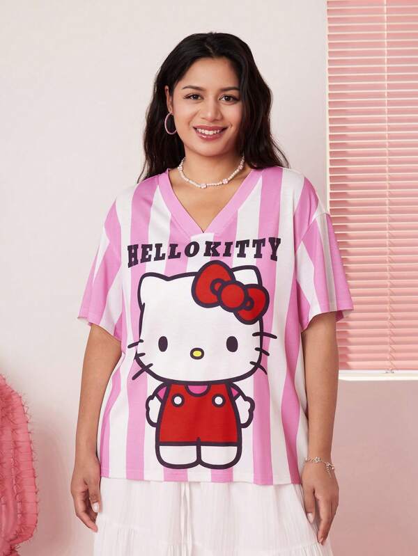 HELLO KITTY AND FRIENDS | SHEIN Plus Size Sporty V-Neck Graphic T-Shirt For Women, Striped Cute Design, Pink, Summer