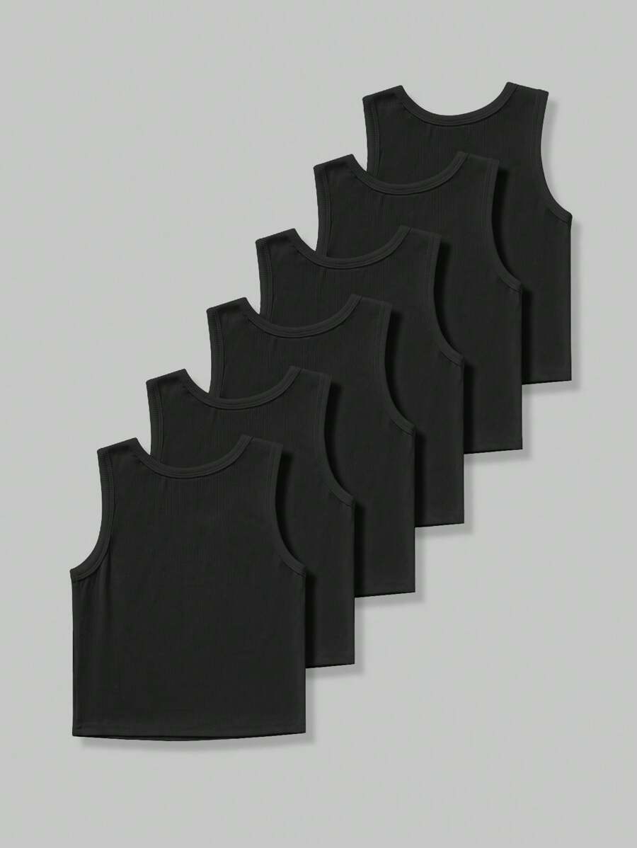 SHEIN Áo thun cổ tròn trơn 6 chiếc cho bé trai Young Boys - màu đen - Xem 1