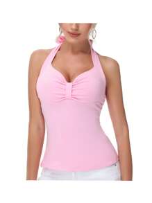 INAWLY Top halter con lazo rosa y espalda descubierta - Rosa - Ver 5