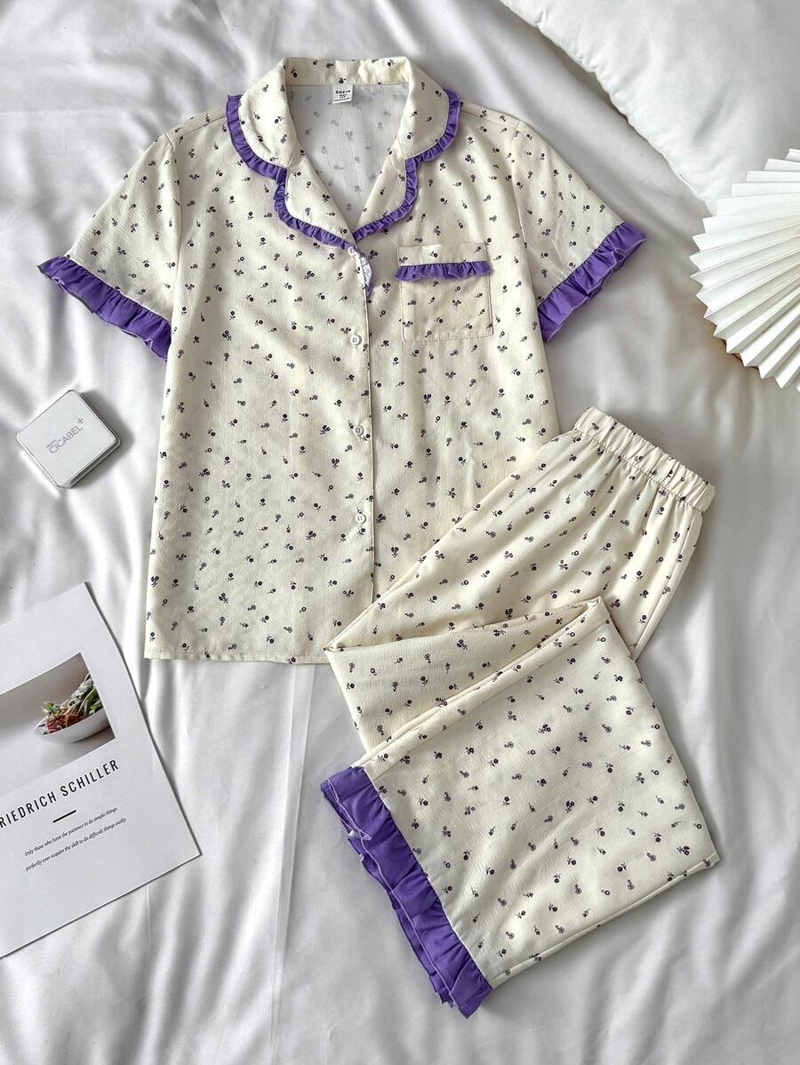 SHEIN Teens Girls Minimal Ditsy Floral Collar Button Short Sleeve Top & Color Block Ruffle Hem Long Pants 2 Pieces Pajama Set, Graduation Pajamas - Purple - View 1