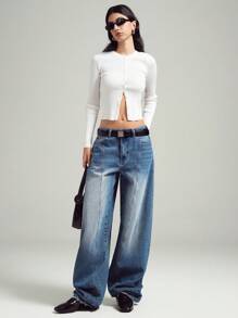 LYSMO Damen Weite Bein Loose Lässig Jeans mit Taschen - Blau - Übersicht 4