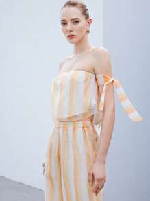 Femmeiva White Summer Casual Vacation Holiday Women's 2 Pieces Set Organza Striped Short Cropped Tube Top With Arm Tie Straps&Loose Fit Straight Leg Pants - Multicolor - View 3