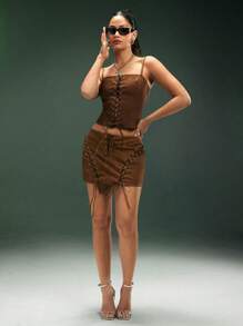Denimoi Washed Faux Leather Lace Up Mini Skirt Country Music Festival Western Summer Style - Brown - View 4