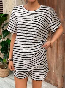 SHEIN 2pcs Maternity Striped Round Neck Short Sleeve Top And Drawstring Waist Shorts Casual Set - White - View 3