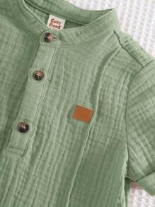 Cozy Pixies 2pcs Baby Boy Solid Color Stand Collar Short Sleeve Half-Zip Top With Decorative Stitching, Elastic Waist Pants, Summer Casual Set