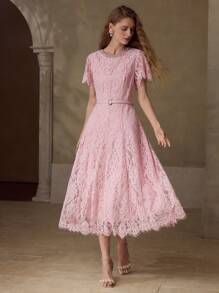 MOTF LACE BELTED RHINESTONE DETAIL DRESS