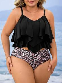 Swim Lushoire Plus Size 2pcs/Set Women Solid Color Ruffle Spaghetti Strap Top & Leopard Print Triangle Tankini Bottom Swimwear, Vacation - Multicolor - View 6