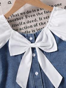 SHEIN Elladie kids Vestido cómodo y dulce con mangas abullonadas, decoración de lazo y parches de mezclilla para niñas, adecuado para uso diario, juegos al aire libre, viajes, escuela, primavera/verano, vacaciones de verano y relajación - Multicolor - Ver 4