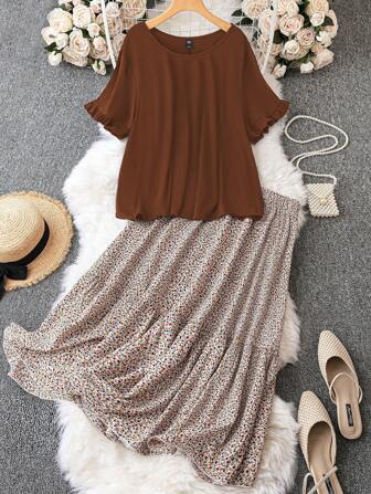 EMERY ROSE Conjunto de 2 piezas de talla grande para mujer, camisa de manga corta con unicolor casual de vacaciones y minifalda floral diminuta