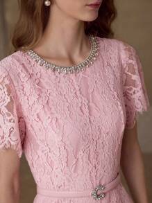 MOTF LACE BELTED RHINESTONE DETAIL DRESS