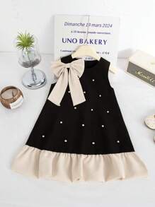 SHEIN Elladie kids Young Girl Summer New Pearl Bow Sleeveless Ruffle A-Line Hem Dress, French Style Minimalist Elegant Princess Commuting Dress Summer Holiday - Black - View 3