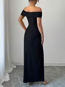 Chiquease Women Off Shoulder Solid Color Dress, Simple & Fashionable, Suitable For Summer - Black - View 2
