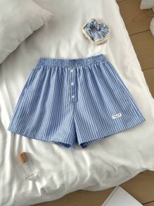 SHEIN Pantalones de pijama de cintura elástica con botones y decoración de rayas para adolescentes, ropa de dormir para graduación