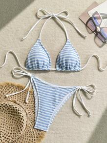 Swim Mod 女士两件套泳衣套装，蓝白钩针纹理面料，白色吊带上衣和侧边系带泳裤，简约风格，适合海滩、度假村、泳池，适合所有人，女士两件套泳衣，女士度假装，女牛仔装，女士节日装，女士夏装，狂欢装 - 藍白色 - 查看 6