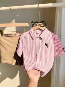 SHEIN Leap Crew 2pcs/Set Casual Collegiate Striped Turndown Collar Short Sleeve Shirt & Khaki Woven Shorts,Summer,Career Day,Back-To-School Sports Outfits For Boys - Red and White - View 5