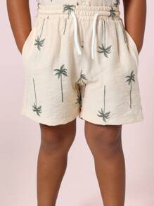 SUMWON Conjunto coordinado de verano con estampado de palmeras, camisa de manga corta con botones y pantalones cortos a juego, conjunto informal de vacaciones playeras para niños pequeños - Beis - Ver 6
