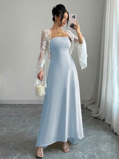 Rafferiza 1 件女士蕾丝刺绣连衣裙，高腰优雅长袖连衣裙两件套