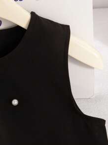 SHEIN Elladie kids Young Girl Summer New Pearl Bow Sleeveless Ruffle A-Line Hem Dress, French Style Minimalist Elegant Princess Commuting Dress Summer Holiday - Black - View 4