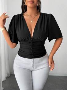 Elenzga Áo sơ mi nữ cỡ lớn thiết kế thời trang thanh lịch màu trơn vải xếp ly nút nấm trang trí lưng xếp ly rộng rãi - màu đen - Xem 6