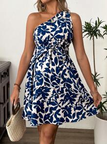 SHEIN Đầm không tay in hoa cho bà bầu cổ bất đối xứng thắt lưng tự buộc - Xanh và trắng - Xem 4