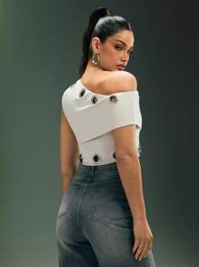 Denimoi Fashion Asymmetrical Neck Eyelet Hardware Crop Top - White - View 4