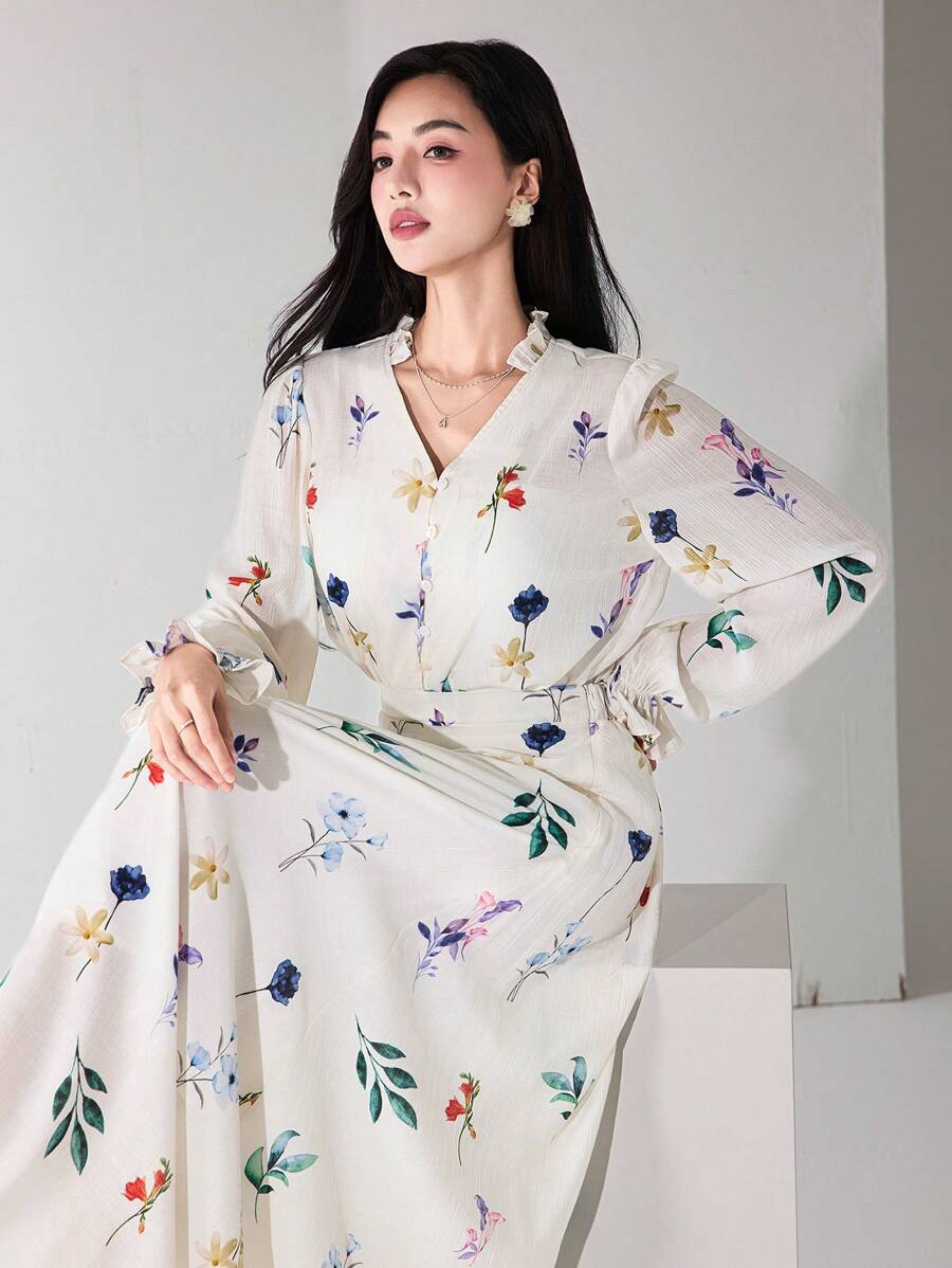 Heiryn 2 件套女士优雅花卉印花灯笼袖衬衫和裙子套装 - 白色 - 查看 1