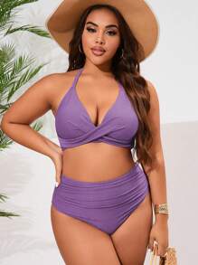 Slaydiva Plus Size Women's Solid Color Tankini Swimsuit Set For Beach/Resort For Summer Beach Vacation - Purple - View 4