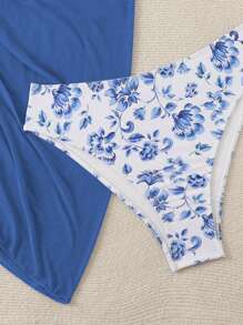 Swim Mod 3pcs/Set Women Plus Size Random Print Halter Split Swimsuit, Casual Vacation For Summer - Multicolor - View 6