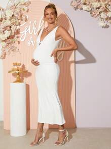 Loomaby Pregnant Women Solid Color Deep V Slim Fit Elegant Sleeveless Dress Maternity Dress