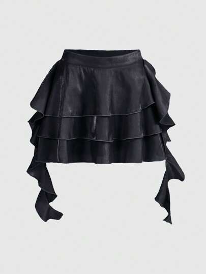 Fairycore Jupe à volants multicouches avec lien devant, couleur unie pour femmes