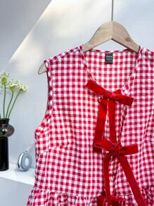 Comfortcana 女款红色和白色格子编织无袖衬衫，正面带结 - 紅色 - 查看 4