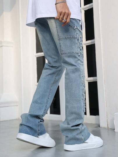 Street Life Men's Patch Embroidery Pocket Casual Versatile Denim Jeans