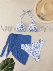 Swim Mod 3pcs/Set Women Plus Size Random Print Halter Split Swimsuit, Casual Vacation For Summer - Multicolor - View 1