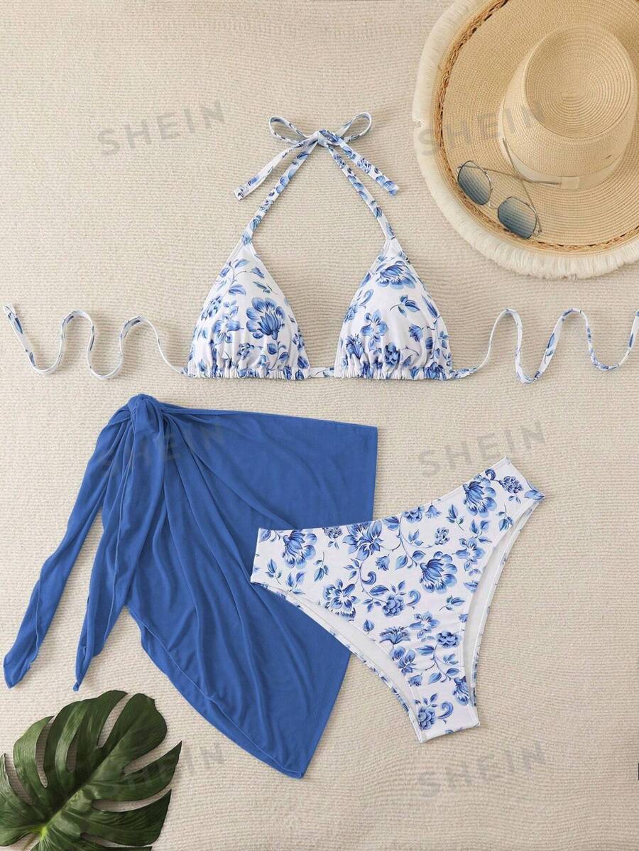 Swim Mod 3buc/Set Costum de Baie Femeie Dimensiune Plus, Imprimare Aleatorie Halter Split, Vacanta Casual - Multicolor - Vizualizare 1