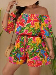 SHEIN Clasi Plus Size Women's Casual Printed Off Shoulder Jumpsuit - Multicolor - View 5