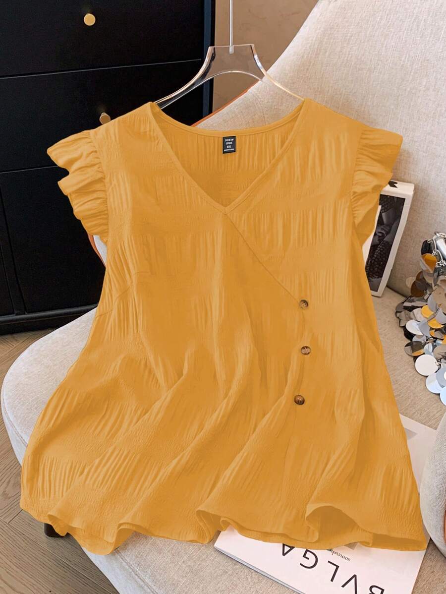 Breezaya Plus Size V-Neck Solid Color Cap Sleeve Blouse, Simple Fashion Suitable For Summer - Yellow - View 1