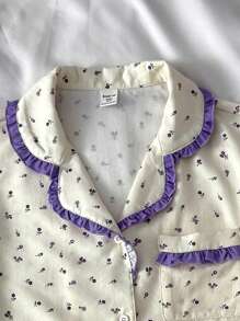 SHEIN Teens Girls Minimal Ditsy Floral Collar Button Short Sleeve Top & Color Block Ruffle Hem Long Pants 2 Pieces Pajama Set, Graduation Pajamas - Purple - View 6