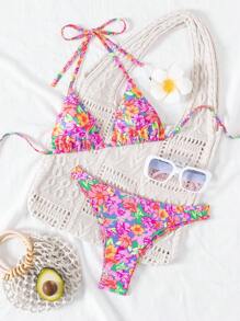 SHEIN 全新时尚碎花吊带比基尼上衣搭配高腿三角泳裤泳衣套装 - 彩色 - 查看 2