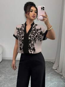 Breezaya Apricot Black Vacation Print Drop Shoulder Women Blouse - Grey - View 6