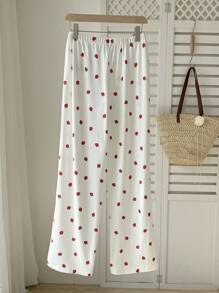SHEIN Unity 女士休闲直筒裤，草莓印花，柔软垂坠，甜美度假风，学院风 - 白色 - 查看 2