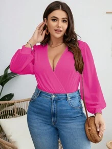 Celure Plus Size V-Neck Long Sleeve Solid Color Bodysuit, Minimalist And Fashionable For Summer - Hot Pink - View 6