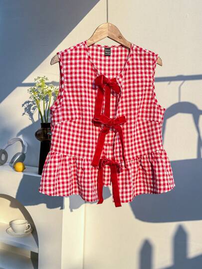 Comfortcana Camisa sin mangas a cuadros rojos y blancos tejida con nudo delantero para mujer