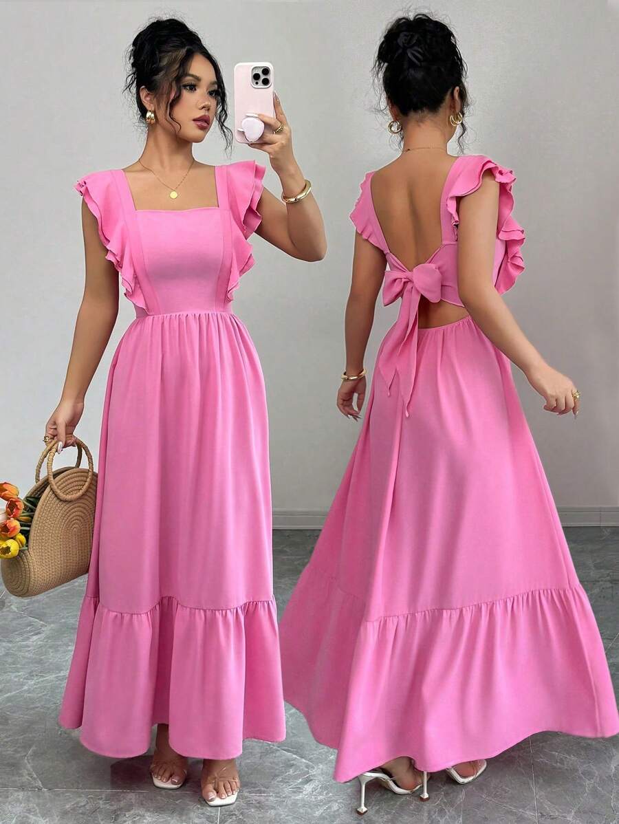 Elenzga 女士浪漫度假露背蝴蝶结荷叶边下摆收腰连衣裙，春夏 - 玫紅色 - 查看 1