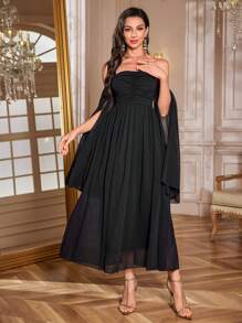 Modelyn Women's Solid Off Shoulder Long Sleeve Elegant Ruched Dress, Minimalist Design - Black - View 6