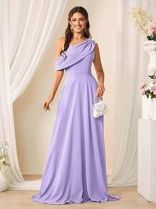 SHEIN Belle 女士纯色不对称领口优雅伴娘礼服 - 淡紫色 - 查看 5