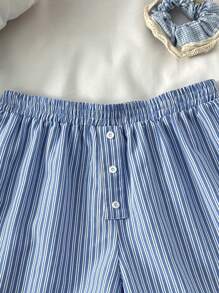 SHEIN Pantalones de pijama de cintura elástica con botones y decoración de rayas para adolescentes, ropa de dormir para graduación
