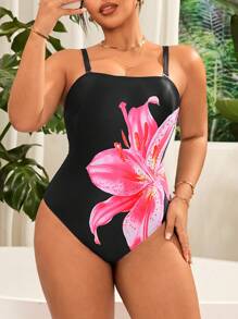 Swim Vcay Traje de baño monokiní de verano con estampado floral de lirio y tirantes desmontables para mujer de talla grande, ideal para vacaciones en la playa