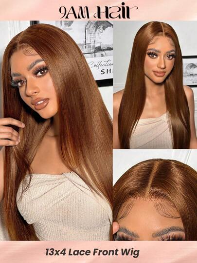 4# Medium Brown Color Transparent Lace Front Wigs Virgin Human Hair Reddish Brown Color Long Size 13 X 4 Pre Plucked Hairline 180% Density Lace Frontal Wig With Baby Hair Halloween